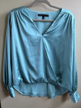 White House Black Market V Neck Satin Blue Green Blouse Size MED